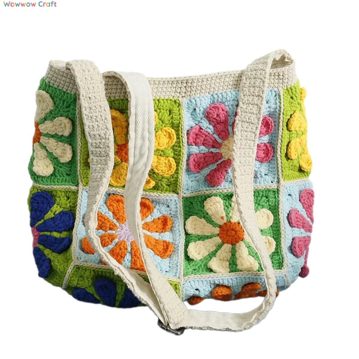 Shoulder Bags,Totes,Handmade Crochet Bags,Colorful Flowers Embroidery Granny Square Tote crocheted with Snow Fairy Yarn - High quality handmade crocheted shoulder bag